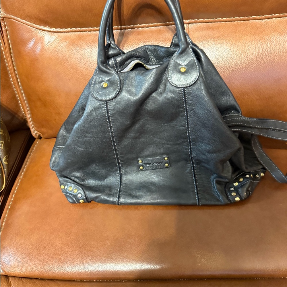 Elegant Black Leather Shoulder Bag with Gold Studs